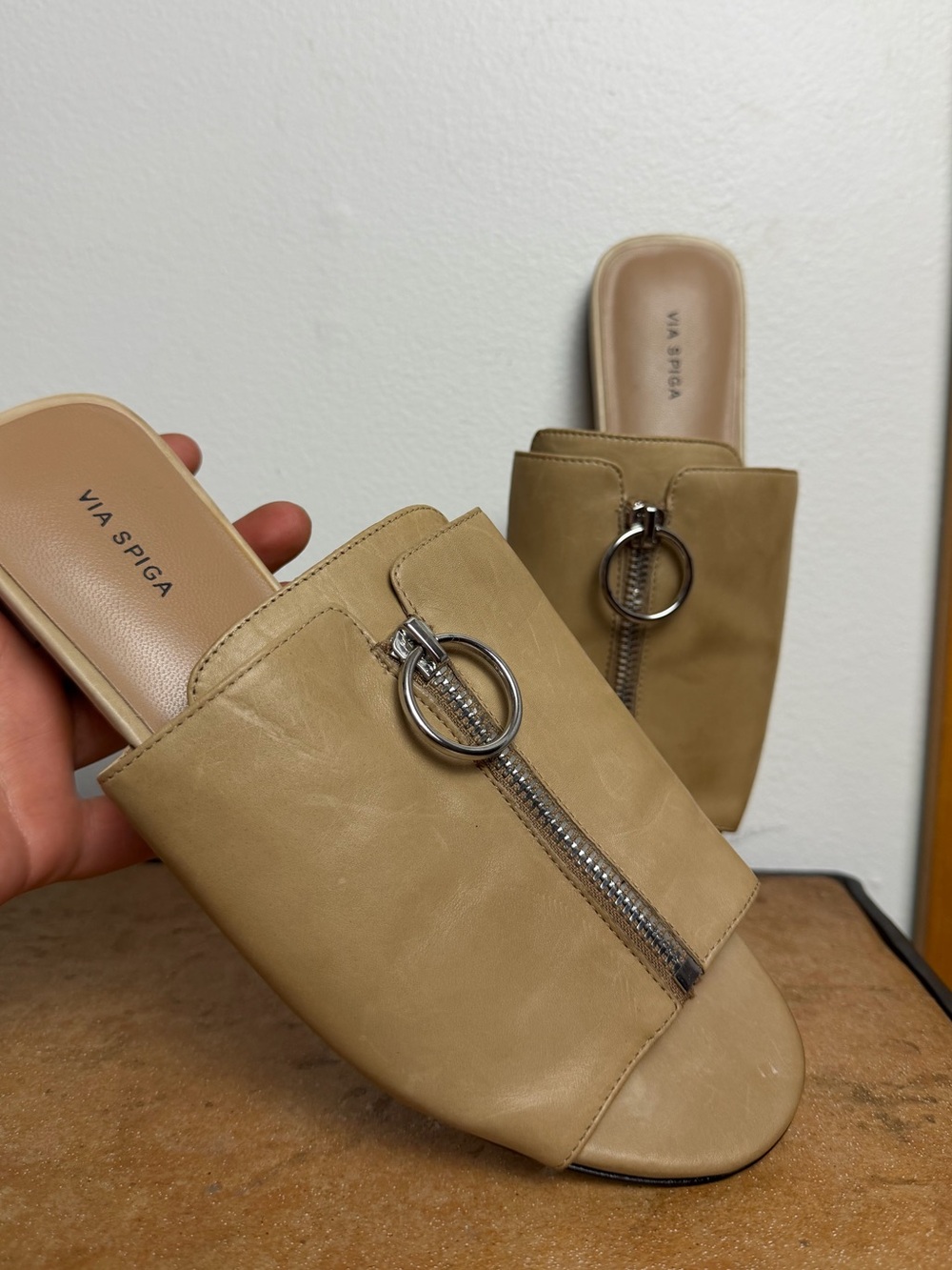 Via Spiga Tan Leather Slide Mules with Zip Ring Detail